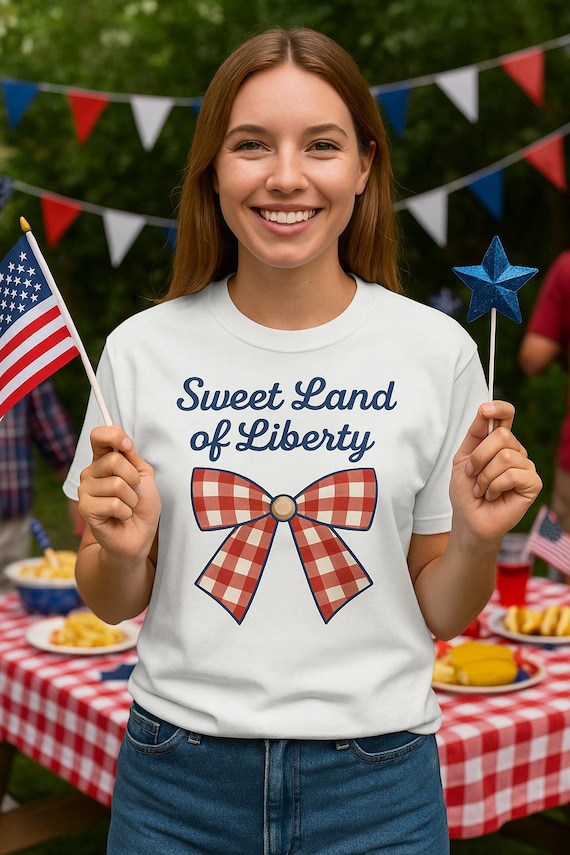 Sweet Land of Liberty Comfort Colors Tee: Red Gingham Bow, Patriotic USA