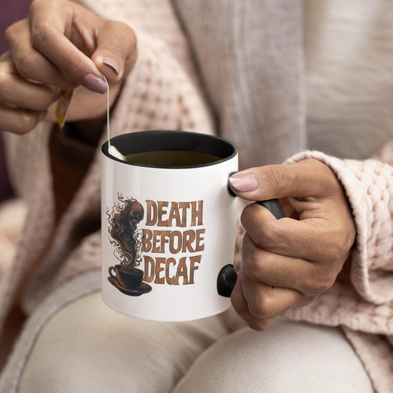 Coffee Mug, Death before Decaf, Personalized Name Mug, Custom Ceramic Cup, Funny Gift for Coffee Lover, 11oz, 15oz, Kitchen Decor