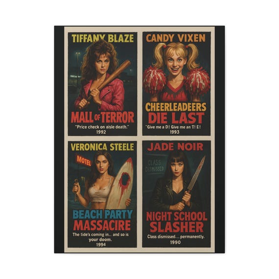 Retro Horror Movie Poster: 90s Slasher Queens Matte Canvas Wall Art