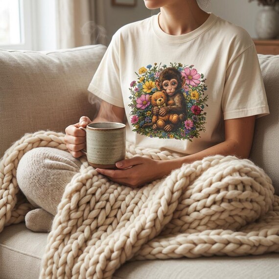 Monkey Hugs Teddy Bear T-Shirt, Whimsical Floral Animal Tee, Comfort Colors 1717