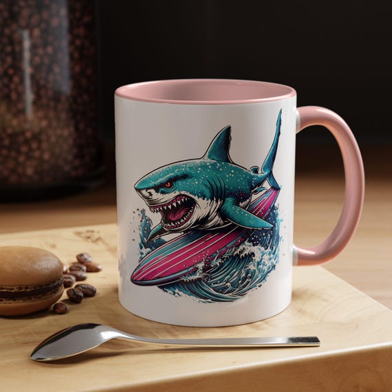 Shark Mug, Coffee Cup with Shark Riding a Surfboard, Surfer Lover Gift, Coastal Vibes, Beach Lover Coffee Mug, Fun Shark Enthusiast Gift