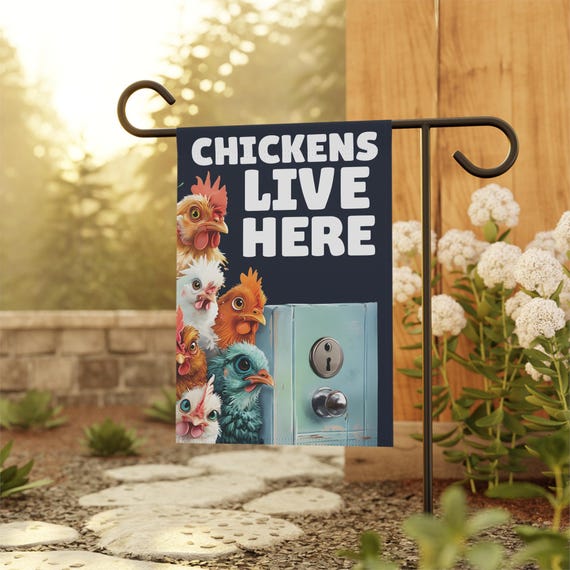 House Banner, Chickens Live here with chickens looking around a door, Garden Flag, Outdoor Yard Sign, Home Decor, Farmhouse Decor, Spring