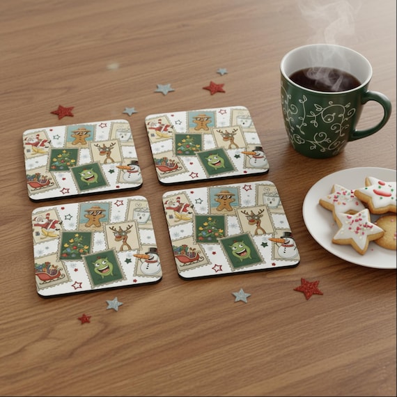 Retro Christmas Coaster Set: Vintage Santa, Snowman & Reindeer