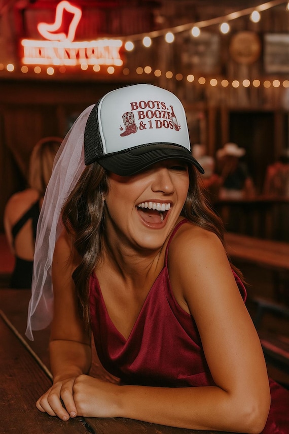 Boots Booze & I Do's Trucker Hat: Rustic Bachelorette Party Cowgirl Bride