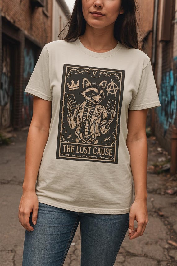 Skeleton Raccoon Tarot Card T-Shirt: Gothic Punk Streetwear