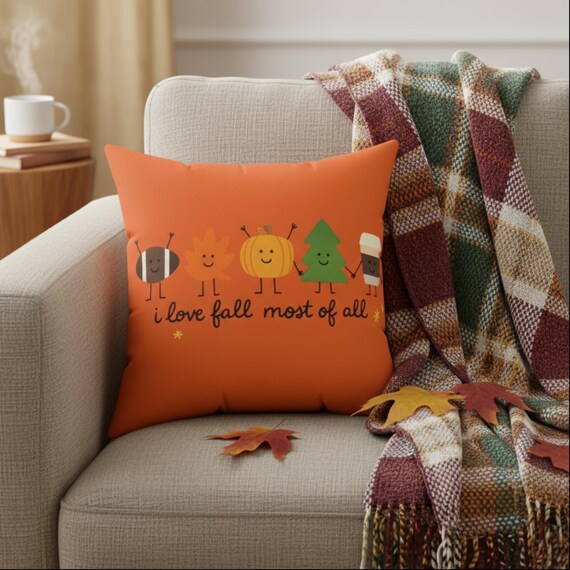 Fall Throw Pillow,  Cozy Farmhouse Autumn , Seasonal Couch Cushion, Pumpkin Football Maple Leaf Decor