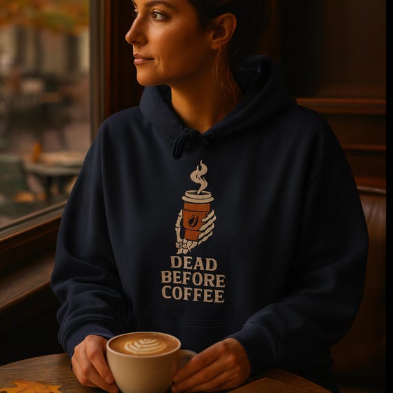 Comfortable Hoodie, Dead Before Coffee Skeleton Sweatshirt, Goth Halloween Lover,  Cozy Fall Winter Apparel