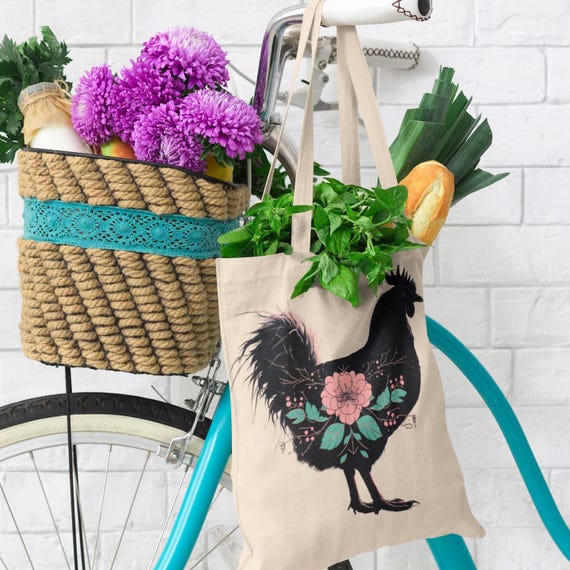 Flowerful Chicken Tote Bag, Floral Chick Grocery Bag, Farmhouse Market Tote, Spring Chicken Canvas Tote, Cute Rooster Handbag, Country