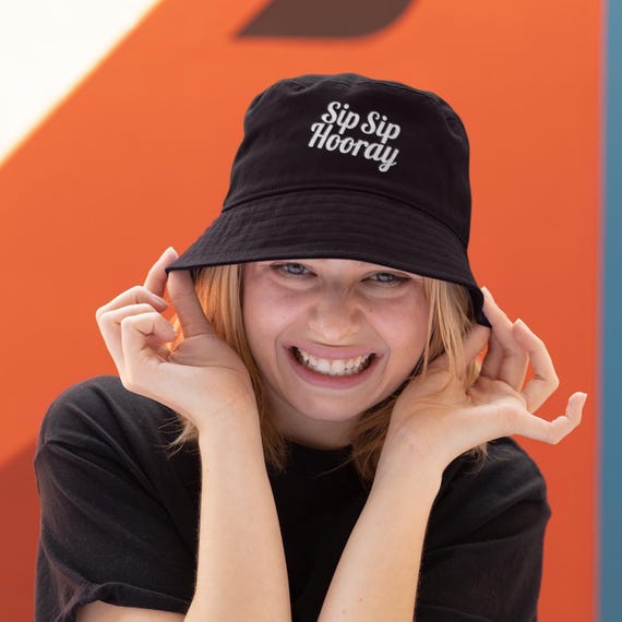 Sip Sip Hooray Embroidered Bucket Hat, Summer Sun Hat for Women, Trendy Black Festival Hat, Fun Gift for Her, Vacation Beach Hat