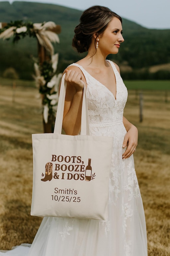 Personalized Western Wedding Tote Bag: Boots, Booze & I Do's - Rustic Bachelorette Party Favor