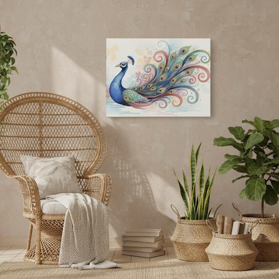 Matte canvas featuring an elegant watercolor peacock with vibrant swirling feathers in soft pastel cottagecore style.