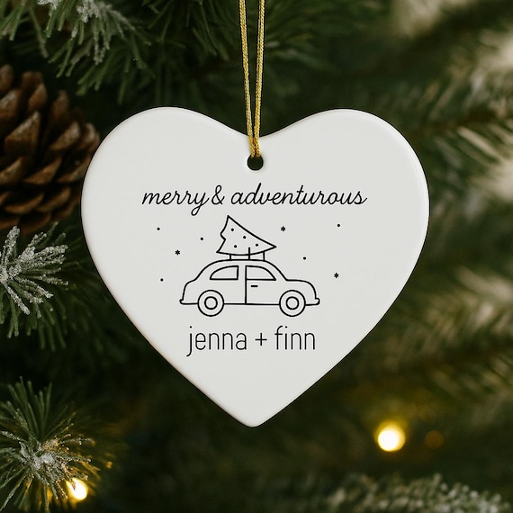 Personalized Christmas Ornament Retro Car with Tree – Custom Ceramic Holiday Gift for Couples, Families – Heart, Star, or Oval Shape