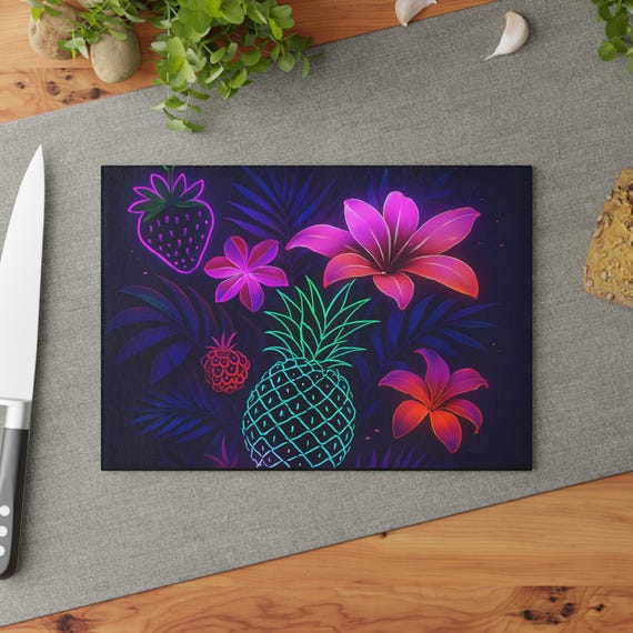 Glass Kitchen Board, Tropical Neon Fruit  Floral Decor, Vibrant Pineapple & Flower Cutting Surface