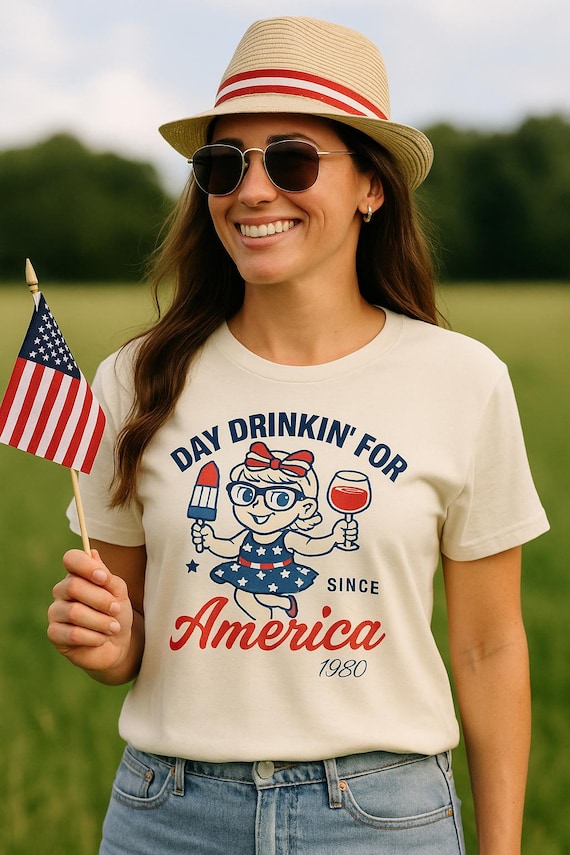 Funny July 4th Graphic Tee: Day Drinkin' for America - Vintage Patriotic Shirt