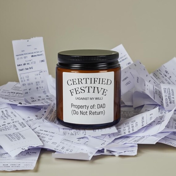 Certified Festive Label Candle, Soy Amber Jar | Personalize with sayings like: Property of Dad (Do Not Return)