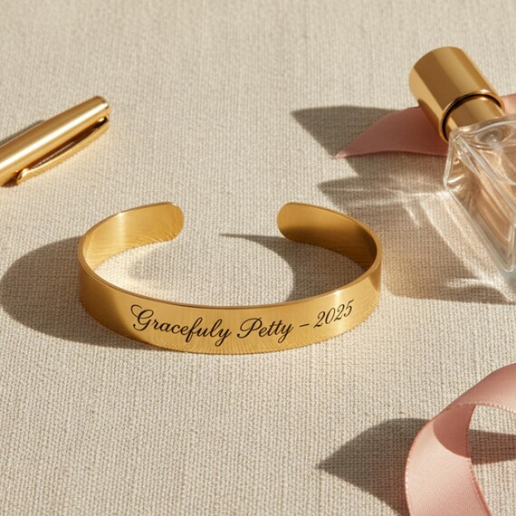 Personalized 18k Gold Cuff Bracelet, Engraved Quote Jewelry