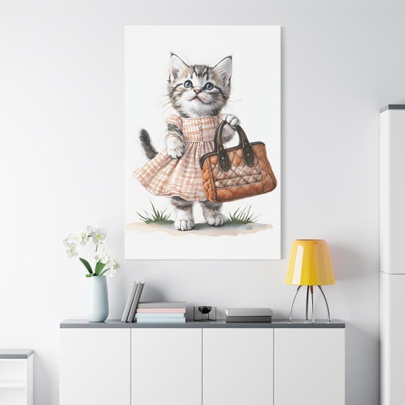 Kitten in Dress Canvas Print: Whimsical Nursery Wall Art