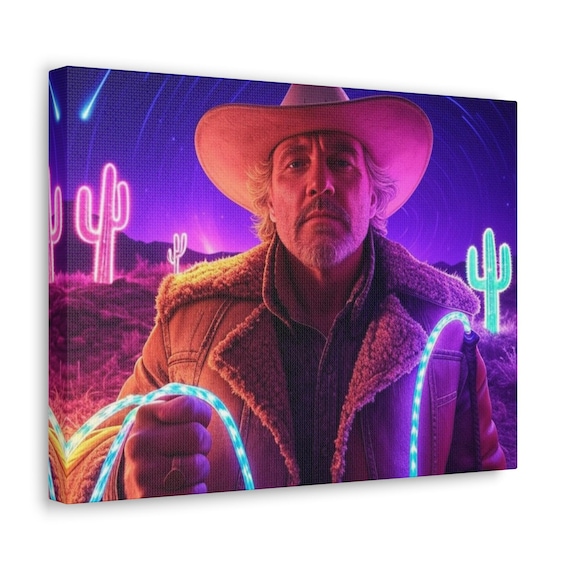 Neon Cowboy Canvas Print, Retro Futurism Cosmic Western Wall Art