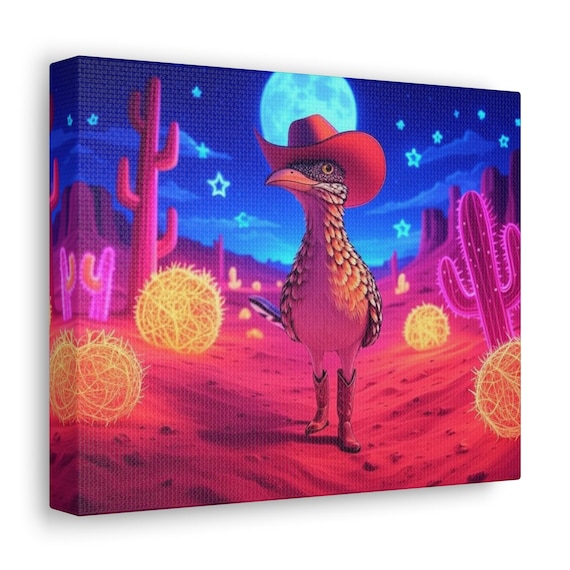 Cosmic Cowboy Roadrunner in Neon Desert Canvas Gallery Wrapsfolk art Desert illustration celestial southwestern cottage-core wall decor