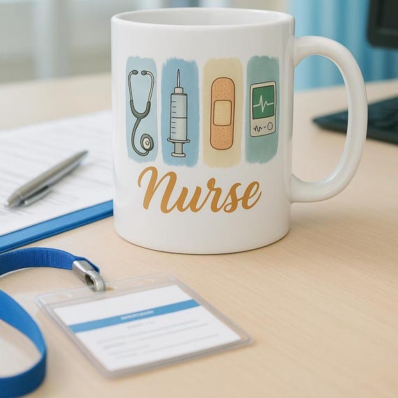 Nurse Mug 11oz 15oz | Cute medical gift for nurses | Stethoscope syringe bandage heartbeat | RN graduation gift | Coffee tea ceramic mug