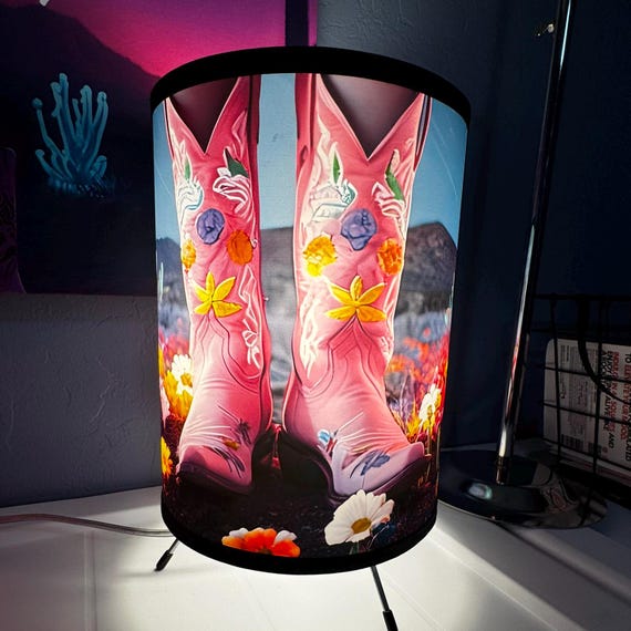 Pink Neon Flowered Cowboy boots Tripod Lamp with High-Res Printed Shade, US\CA plug