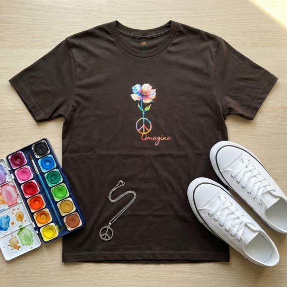 Watercolor Peace Sign T-Shirt, Imagine Floral Hippie Top