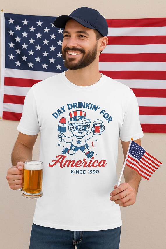 Funny July 4th Beer T-Shirt: Day Drinkin' for America - 1990 Birthday Gift