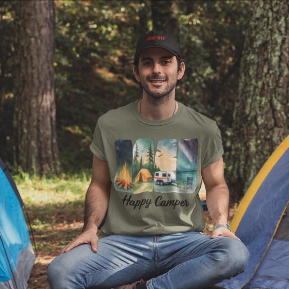 Watercolor Camping Life T-Shirt: Vintage Camper & Northern Lights