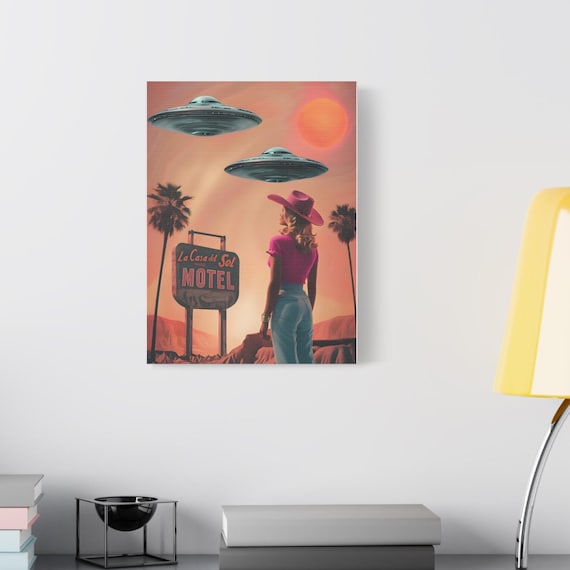 Desert Wall Art Cosmic Space Cowgirl Vintage Matte Canvas Retro UFO Home Decor Trendy Desert Landscape Painting