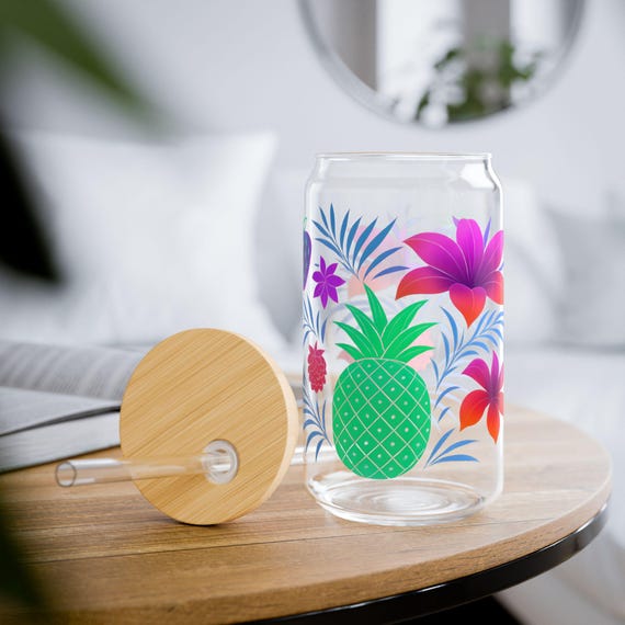 Tropical Sipper Glass: Fruit Design, Bamboo Lid & Tritan Straw