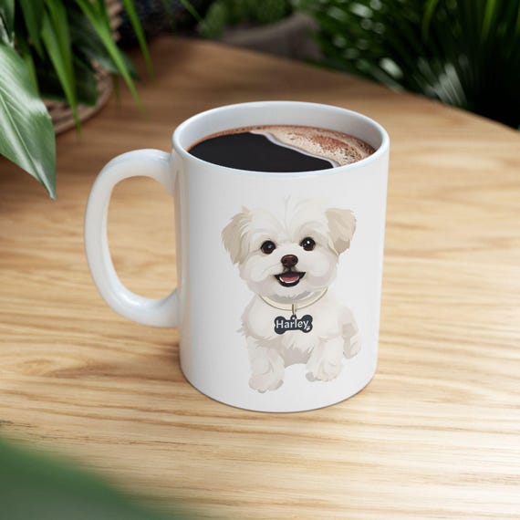 Personalized Maltese Ceramic Mug, Custom Dog Lover Coffee Cup, Pet Name Tag Gift, 11oz 15oz Tea Mug, Puppy Owner Present, Pet Memorial Cup