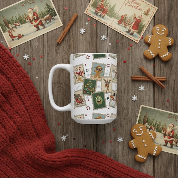 Retro Christmas Stamp Ceramic Mug: Funny Holiday Coffee Cup