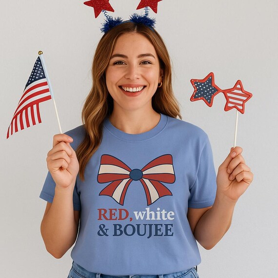 Red White & Boujee 4th of July Tee: Patriotic Bow Graphic Comfort Colors Shirt