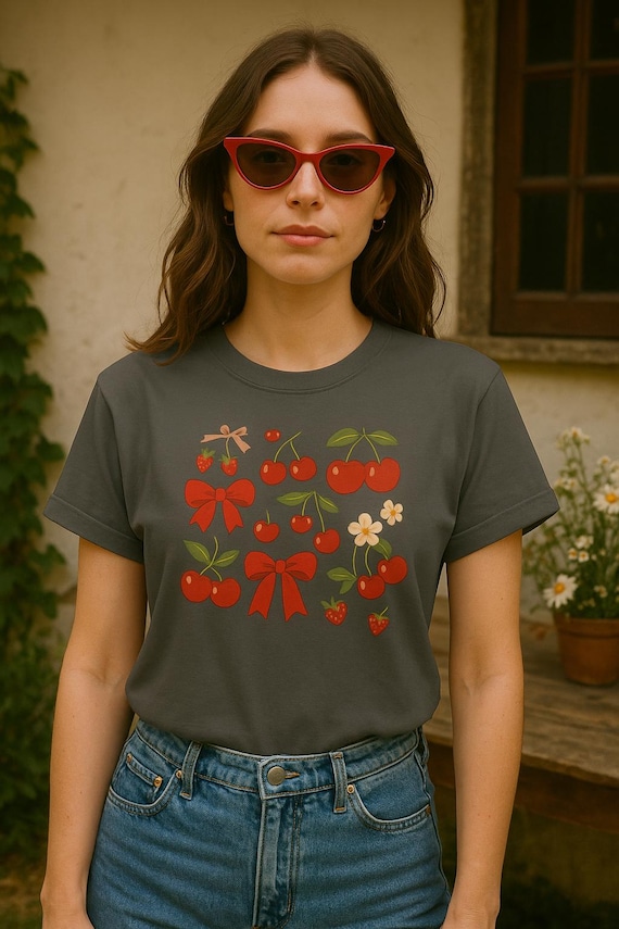 Cherry Bow Comfort Colors T-Shirt: Cottagecore Fruit Graphic Tee