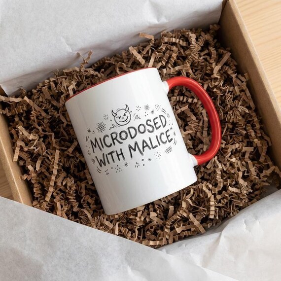 Microdosed With Malice Mug • Funny Snarky Coffee Cup • Minimal Devil Doodle Cup