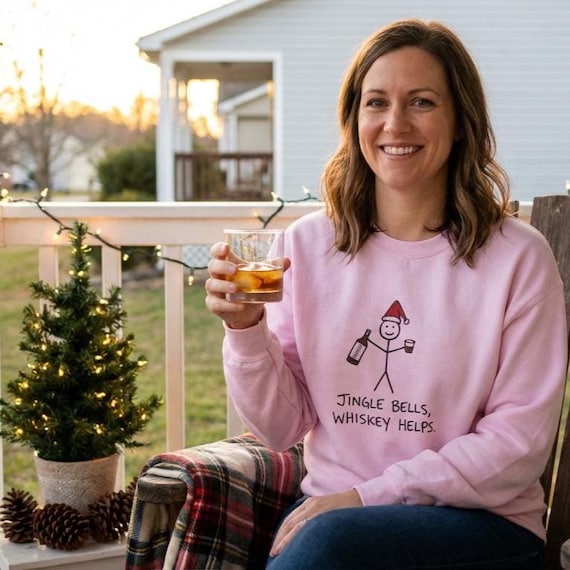 Funny Christmas Whiskey Sweater • Snarky Holiday Stick Figure Crewneck • Sarcastic Gift for Him or Her