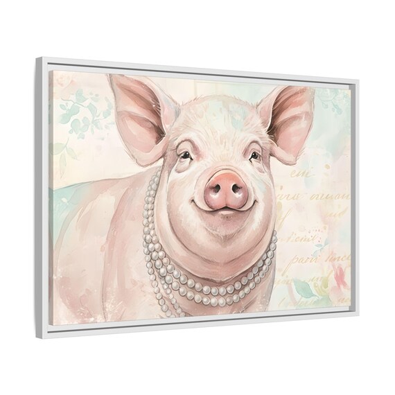 Pearl Necklace Pig Matte Canvas Framed | Farmhouse Wall Art