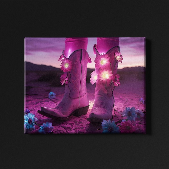 Neon Cosmic Cowgirl Hot Pink boots Canvas Print, Western art Neon desert cowboy art girly wall art