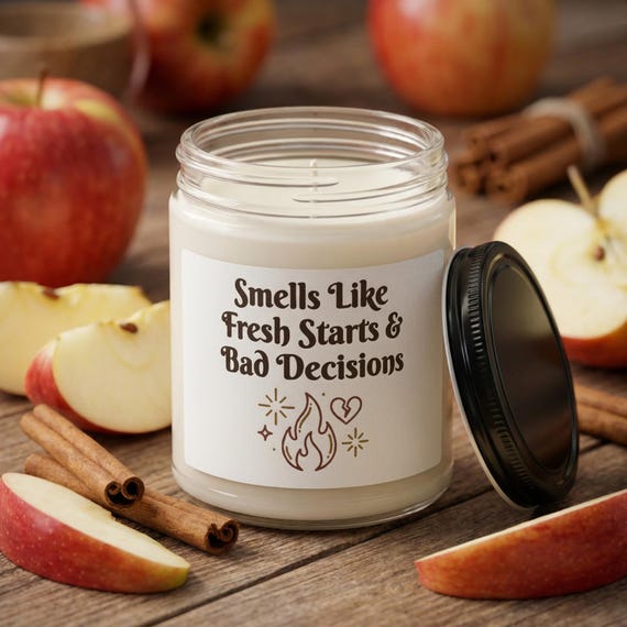 Smells Like Fresh Starts and Bad Decisions Candle – 9oz Soy Wax Funny Breakup Gift – New Home Housewarming Gift – Choice of 6 Scents