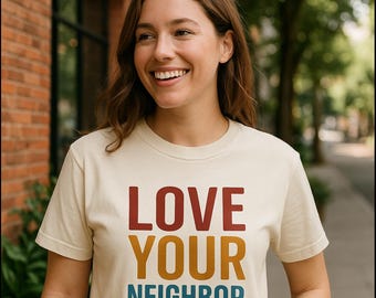 Camiseta con colores reconfortantes "Ama a tu prójimo": Camiseta gráfica cristiana retro