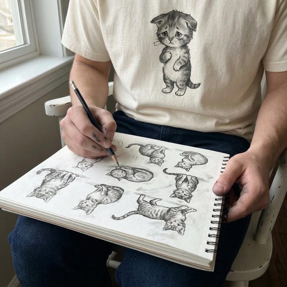 Sad Kitten Meme T-Shirt  Vintage Watercolor Cat Illustration, Garment-Dyed Cotton Tee