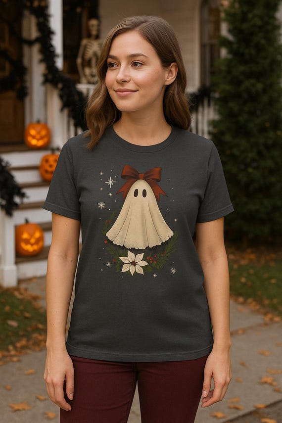 Vintage Lace Ghost Christmas T-Shirt: Gothic Holiday Spooky Tee