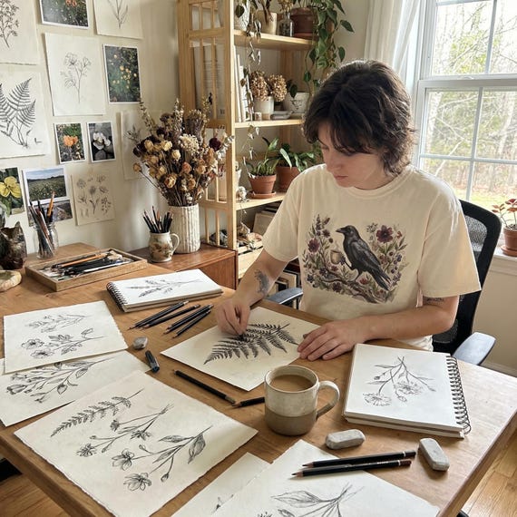 Crow Coffee Shirt, Moody Raven Botanical T-Shirt, Dark Cottagecore Bird Wildflower Print