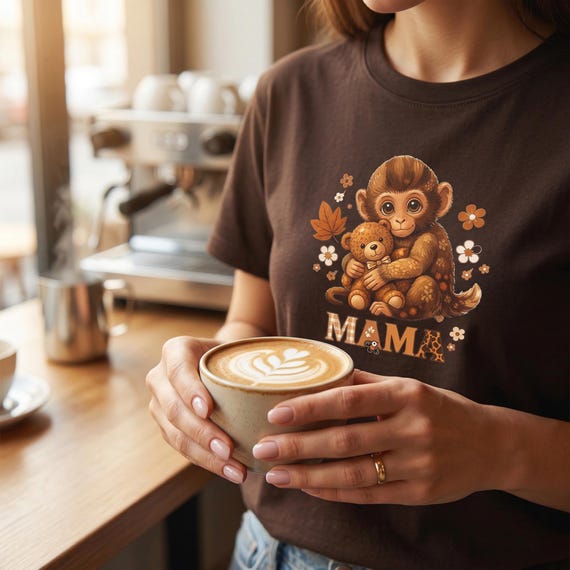 Mama Monkey Holding Baby T-Shirt | Vintage Autumn Floral Illustration