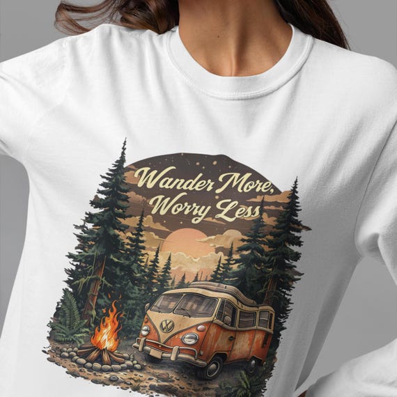 Wander More, Worry Less Unisex Long Sleeve T-Shirt - Travel Tee, Adventure Shirt, Inspirational Clothing,  Gift for Wanderers Camping shirt