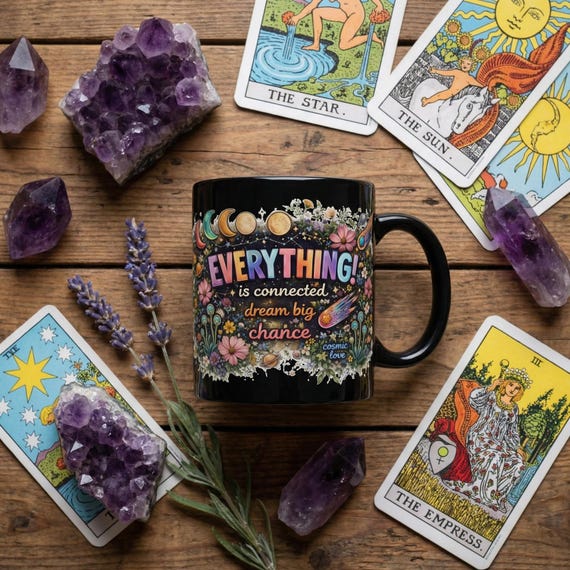 Celestial Coffee Mug | Floral Moon & Stars, Cosmic Love 11oz Black Ceramic