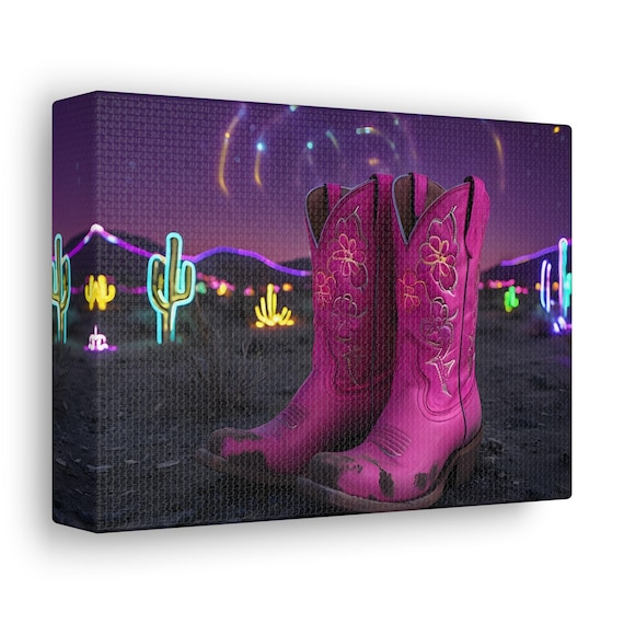Cowgirl Boots and Neon Cactus Canvas Wraps, Western Cowgirl Decor, Southwestern Wall Art, Pink Desert Cactus Print, Boho Chic Gallery Wrap,