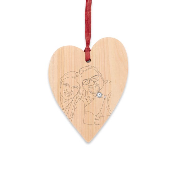 Personalized Line Art Portrait Ornament: Wooden Photo Keepsake, Heart or Oval