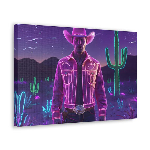 Neon Cowboy Canvas Wall Art, Western Neon Decor, Cowboy Wall Canvas, Vibrant Indoor Home Decor, Canvas Gallery Wraps, Modern Western Artwork
