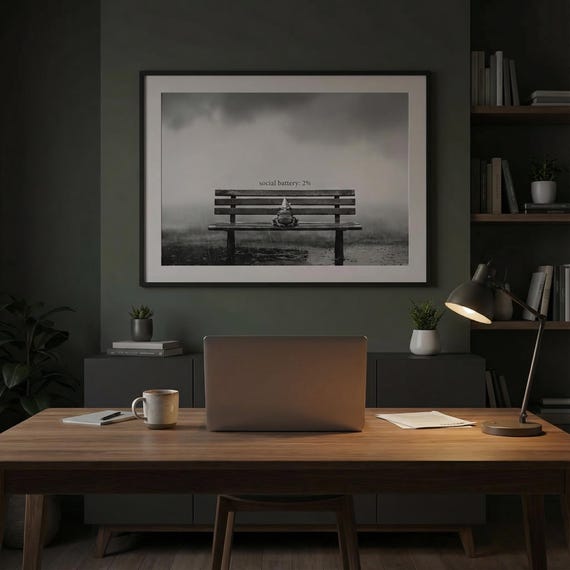 Frog art print Social Battery 2%  Minimalist Introvert Humor Poster, Funny Mental Health Decor